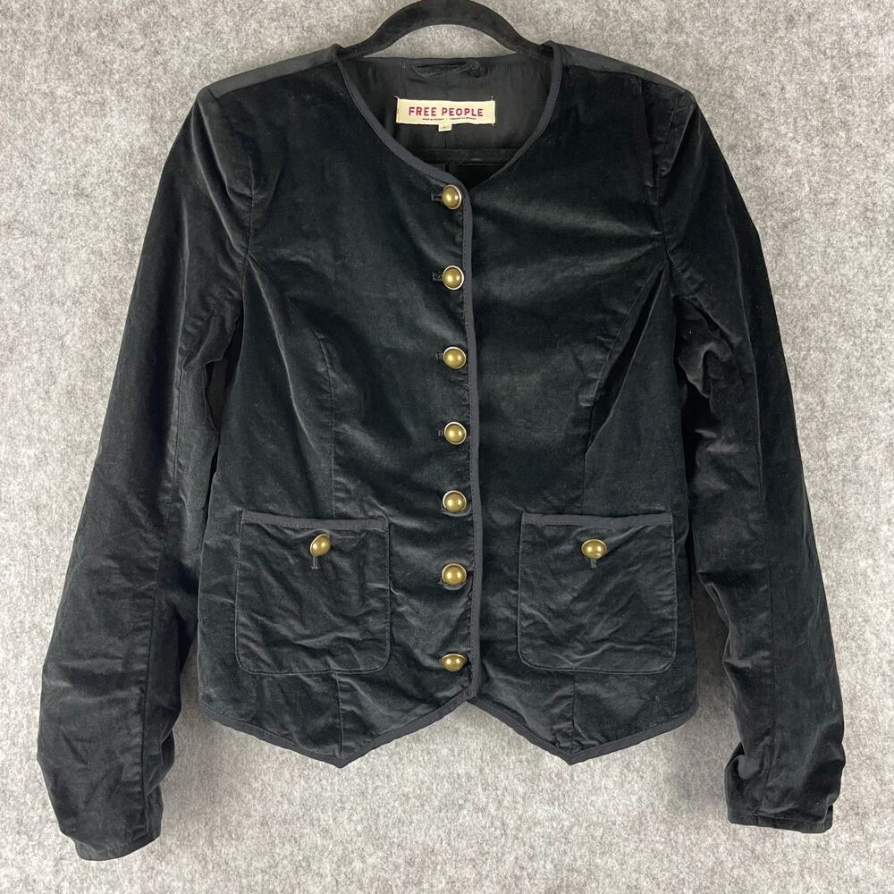 Free People‎ Becky Jacket Blazer Womens Medium Black Velvet Military Steampunk